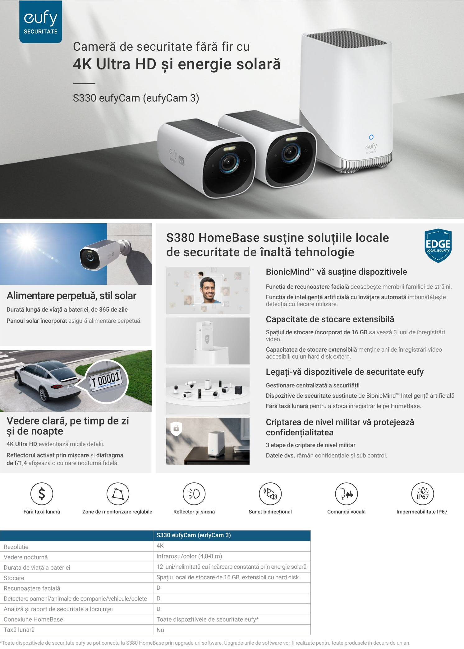 Kit supraveghere video eufyCam 3 S380, 4K Ultra HD, Incarcare solara, BionicMind™. Nightvision, Homebase 3 + 2 camere vidoe